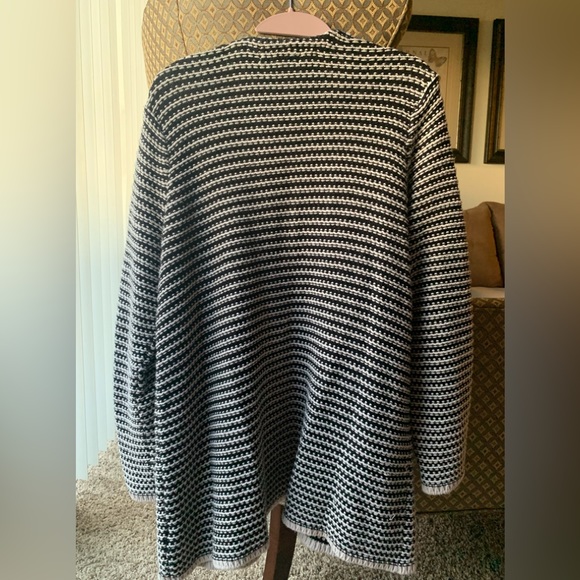 KNOX ROSE Open Cardigan long fringed sleeves black cream stripes Sz M Boho Style - Picture 3 of 11